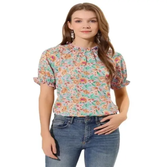 Allegra K Women's Floral Ruffled Short Sleeve Mock Neck Blouses image {15}