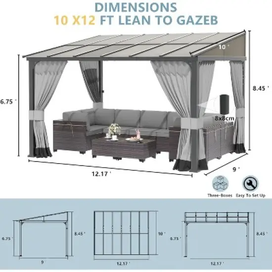 ALAULM 10&rsquo; x 12&rsquo; Wall Mount Gazebo Outdoor Pergola, Lean to Gazebo Canopy Awnings with Sloped Roof and Steel Frame image {4}