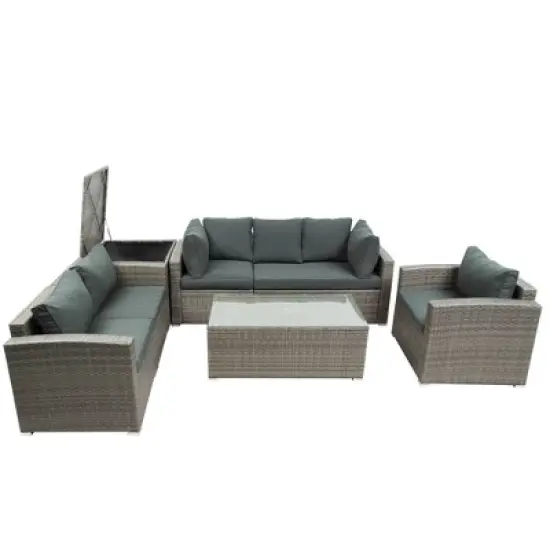 7pc Wicker Patio Seating Set with Storage Box - Gray - GODEER image {5}