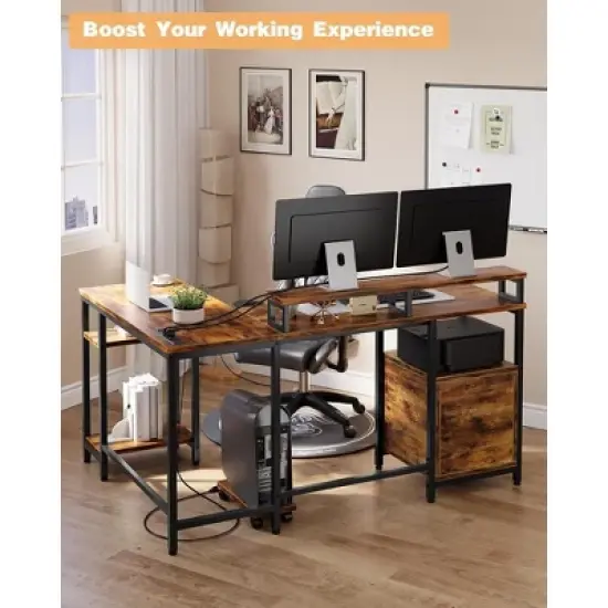 67&rdquo; L Shaped Computer Desk with Power Outlet image {2}