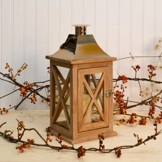 LumaBase Wooden Lantern with Battery Operated Candle - Natural with Copper Roof image {2}