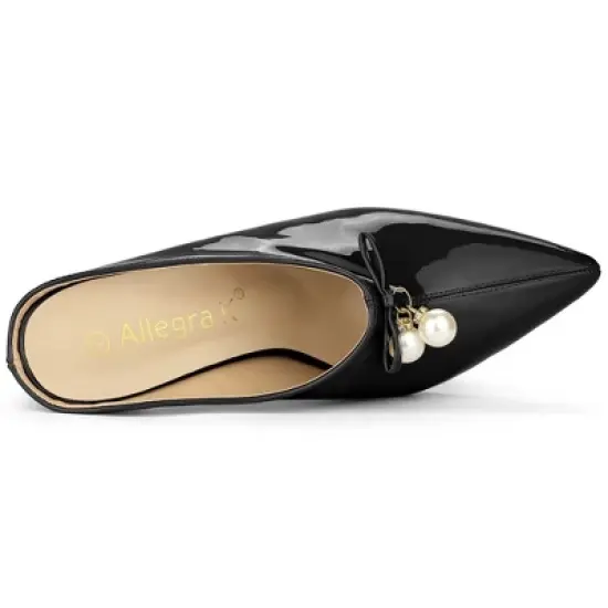 Allegra K Women's Pointed Toe Pearl Bow Chunky Heel Slides Mules image {4}