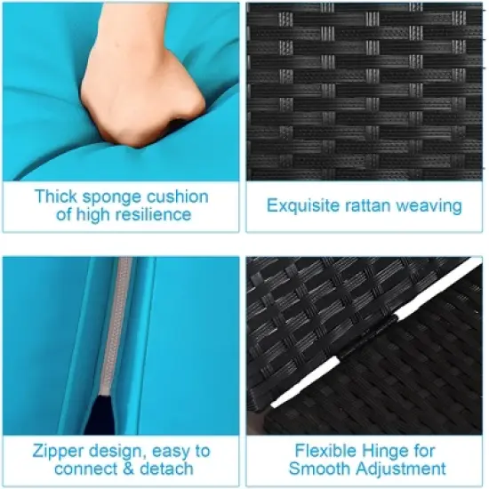 Costway 2-Person Patio Rattan Lounge Chair Chaise Recliner Adjustable Cushion Turquoise image {8}