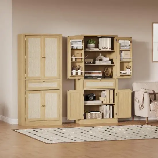 70" Tall Kitchen Pantry Cabinet, Handwoven Rattan Doors, Adjustable Shelves, 1 Drawer, Storage Cupboard, Oak Finish image {3}