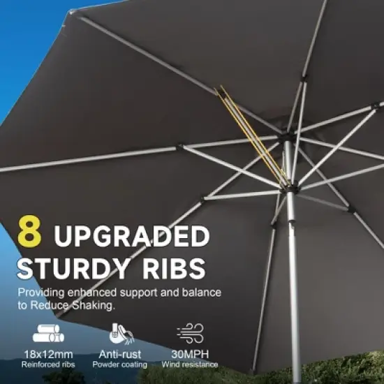 Syemin Outdoor Patio Umbrella with 8 Sturdy Ribs, Push Button Tilt and Crank, Waterproof, UV-Resistant Uitable for Garden, Gray, 108"*108"*94.44" image {4}