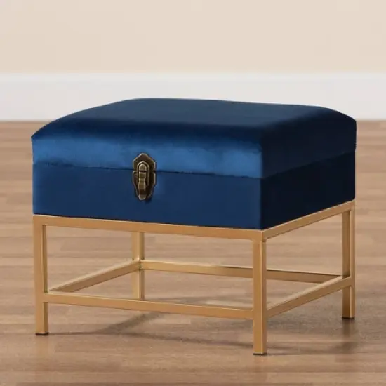 Aliana Fabric and Metal Ottoman Navy Blue/Gold - Baxton Studio image {8}