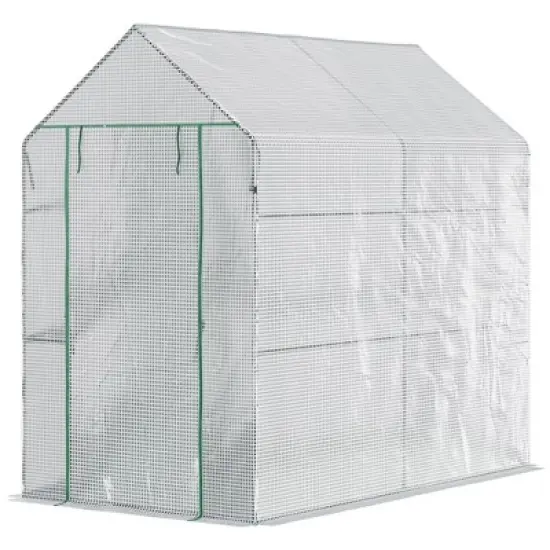 Outsunny 47.25" x 73.25" x 74.25" Walk-in Greenhouse, Outdoor Portable Plant Flower Growing Warm House with Roll-up Door and 4 Shelves, White image {3}