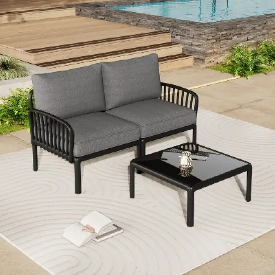 Dexmalle 3 Piece Patio Conversation Sets, Modern Outdoor Patio Sectional Furniture Set with Square Coffee Table image {2}