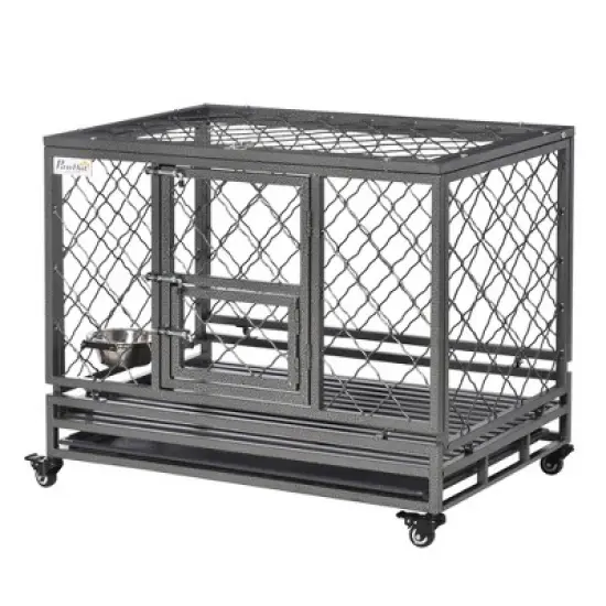 PawHut Heavy Duty Dog Cage Metal Kennel and Crate Dog Playpen with Lockable Wheels, Slide-out Tray, Food Bowl and Double Doors image {3}
