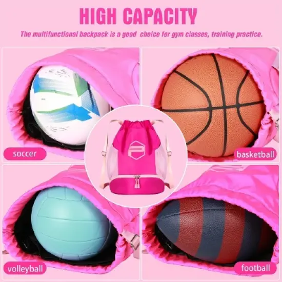 Soccer Ball Bags, Drawstring Basketball Backpack for Sport Training with Ball Shoe Dry and Wet Compartments(Pink) image {5}