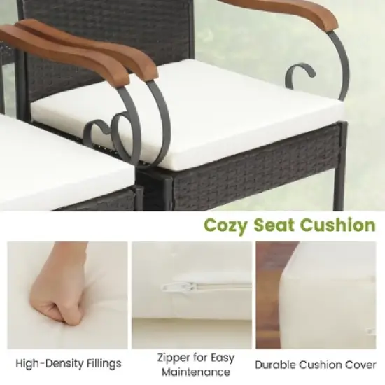 Costway 7PCS Patio Wicker Dining Set Acacia Wood Armrests Table with Detachable Cushions &Umbrella Hole image {3}