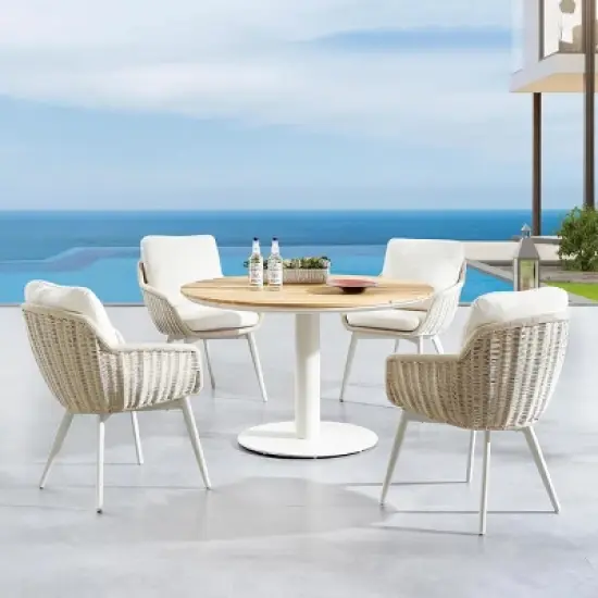 Complete Garden Dining Group Contour Cushioned Chairs & Circular HardwoodTexture Table image {2}