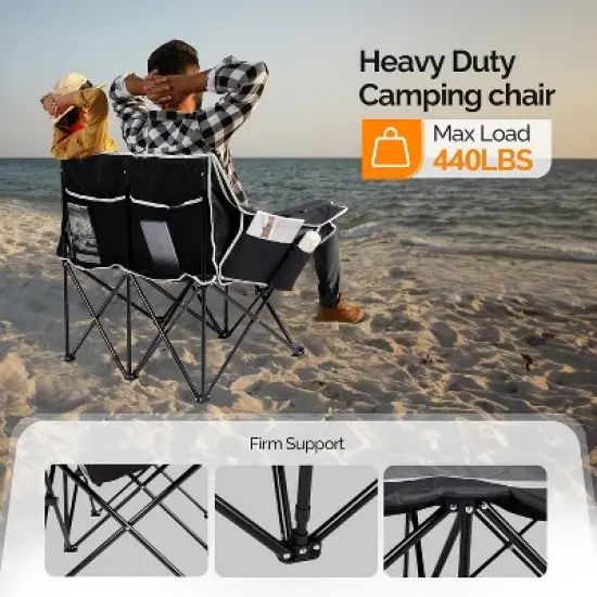 VINGLI Oversized Double Camping Chair for Adult，Loveseat Camping Chairs 2 Person Heavy Duty Lawn Chairs with Cup Hold for Beach/Outdoor image {5}