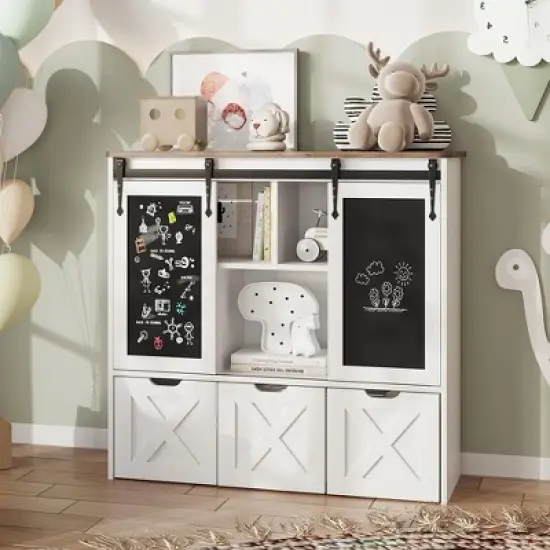 Toy Storage Organizer with Sliding Blackboard, Kids Bookcase with 3 Movable Drawers, Multifunctional Storage Cabinet image {8}