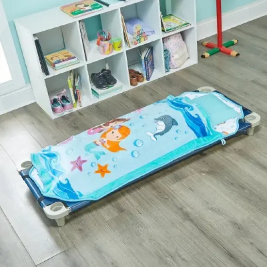 EVERYDAY KIDS Mermaid Toddler Cot Nap Mat for Home, Daycare, Preschool ; Easy to Roll Sleeping Mat with Elastic Straps, Pillow and Blanket image {3}