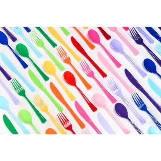 Exquisite Solid Color Plastic Utensil Cutlery Set Forks Spoons Knives- 150 Pack image {7}
