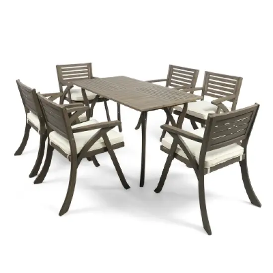 Christopher Knight Home Zachary 7 Piece Patio Dining Set with Acacia Wood Table and Slatted Chairs image {1}