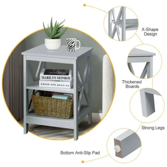 Costway 3-Tier Nightstand End Table X Design Storage Display Shelf Living Room Grey image {9}