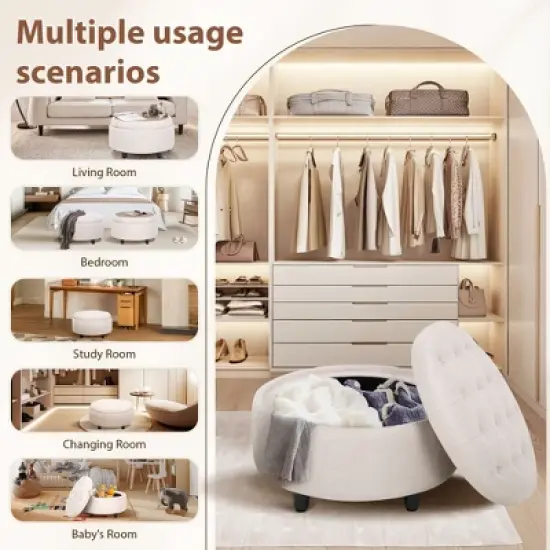 Round Fabric Storage Ottoman with Reversible Tray Lid &ndash; 3-in-1 Footrest, Hidden Storage, Small Coffee Table &ndash; 25&rdquo;x25&rdquo; image {2}