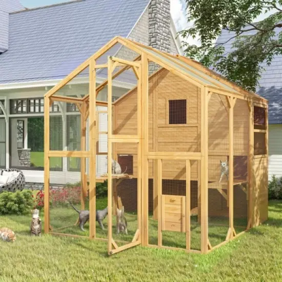 FUFU&GAGA Large Wooden Cattery Cat Enclosure Cat House with Multi - Level Space - Outdoor/Indoor Cat House with Secure Mesh image {15}