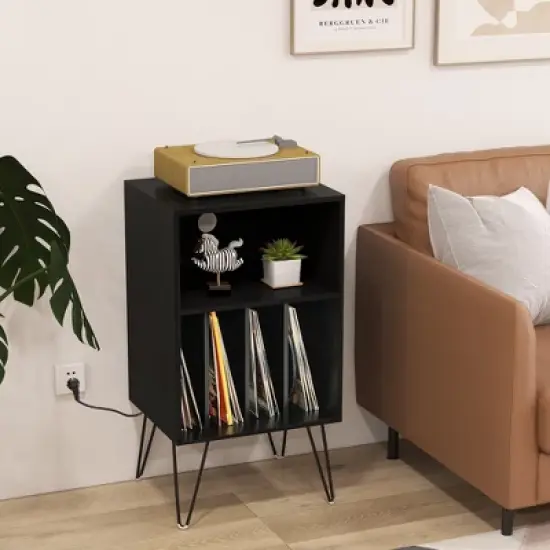 Costway 3-Tier Record Player Stand with Charging Station Shelf & 4 Dividers for Bedroom Walnut/Black/Brown image {1}