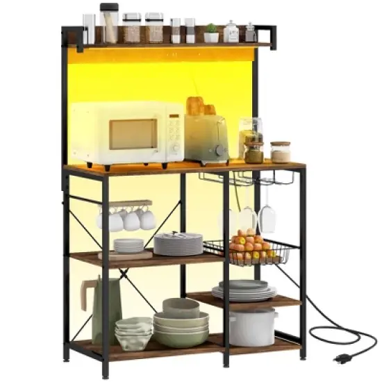 LIVAREEmlen Baker's Rack with Power Outlet & LED Lights, for Kitchens with Storage, Industrial Microwave Stand with Glass Holders, Metal Basket image {1}