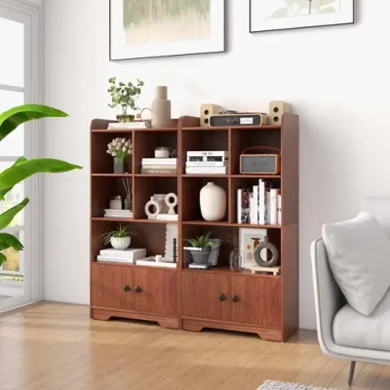 Costway 4-Tier Bookshelf 2-Door Storage Cabinet with4 Cubes Display Shelf for Home Office image {9}