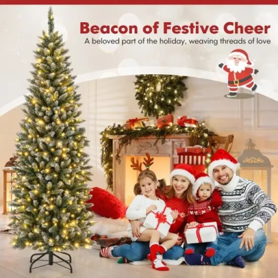 Costway 6FT/9FT Pre-Lit Christmas Tree Hinged Slim Pencil Xmas with 250/500 LED Lights image {3}