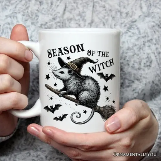 Funny Opossum Witch with Broom Mug, Vintage Halloween Gift (Non-Custom Only)| OrnamentallyYou image {2}