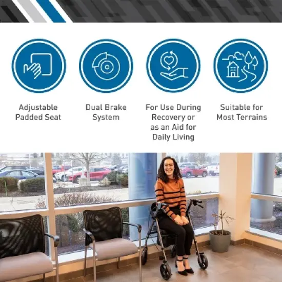 BodyMed Rollator with 8 in. Wheels - Adjustable Padded Seat, Dual Brake System, Compact Folding Design, Suitable for Most Terrains - Mobility Aid for image {4}