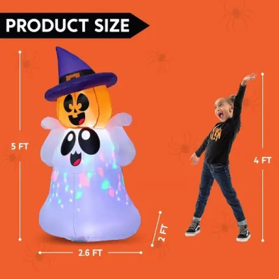 Joyfy 5 FT Halloween Inflatable Outdoor Decoration, Inflatable Playful Ghost with Pumpkin Witch Hat for Halloween Outdoor Yard Graden Lawn Decoration image {7}