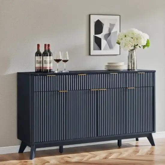 60" Buffet Sideboard Cabinet, Fluted Coffee Bar Table with 3 Drawers & 4 Doors, Modern Sideboard for Dining Room, Living Room image {7}