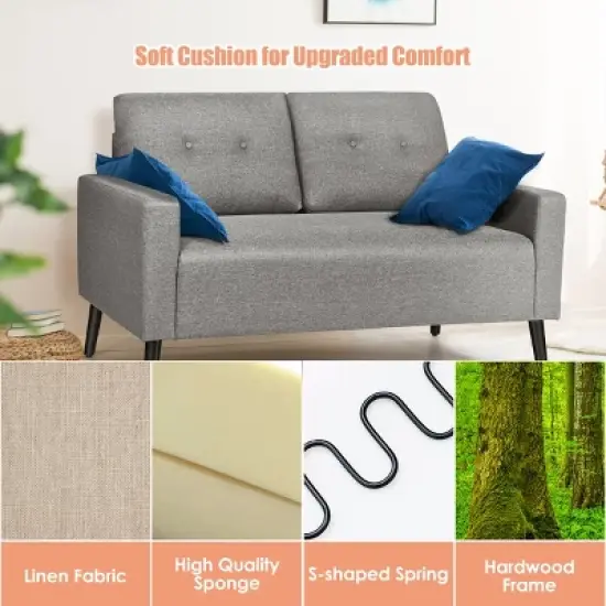Costway Modern Loveseat Sofa 55'' Upholstered Chair Couch with Soft Cloth Cushion Grey image {6}