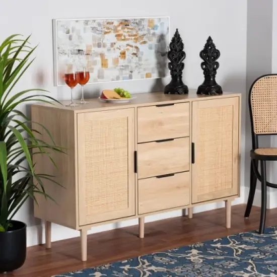 Harrison Wood and Rattan 3 Drawer Sideboard Dining Cabinet Natural Brown/Black - Baxton Studio image {3}