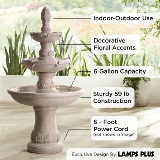 Domanico 57" High Large Italian Indoor Outdoor Decor Sand Stone Floor Fountain Waterfall 3-Tier Outside Garden Patio Yard Backyard image {2}