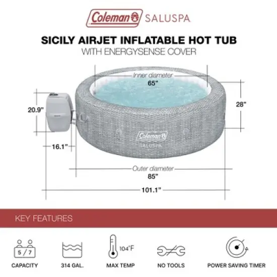 Bestway Coleman Sicily AirJet Inflatable Round Hot Tub with EnergySense Cover & 2 SaluSpa Underwater Non-Slip Pool Spa Seat with Adjustable Legs, Gray image {2}