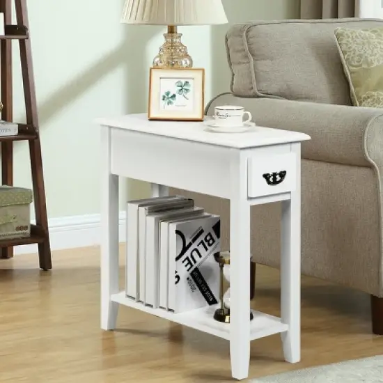 Tangkula White 2 Tier Narrow Nightstand End Bedside Sofa Side Table With Drawer And Shelf image {1}