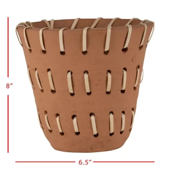 Natural Handthrown Terracotta Planter with Woven Rattan Accents - Foreside Home & Garden image {3}