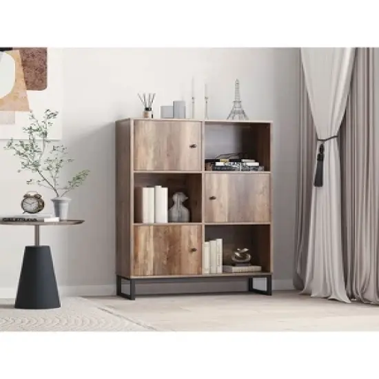 Year Color 3 Tier Free-Standing Modern Open Brown Wood Narrow Bookcase With Doors, Legs And 2X3 Cube Storage Organizer For Office or Library image {2}