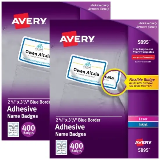 Avery Flexible Name Badges, 2-1/3" x 3-3/8", White with Blue Border, 400 per Pack, 2 Packs, 800 Removable Name Tag Stickers Total (01730) image {7}