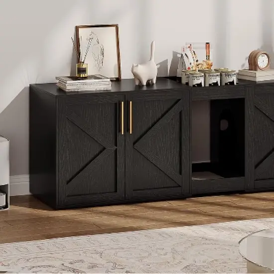 Cat Litter Box Enclosure for 2 Cats,  Wooden Litter Box Cabinet, Large Enclosed Cat Box Furniture with Storage Shelf, Soft Cushion image {7}