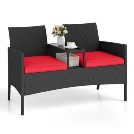 Tangkula Outdoor Rattan Loveseat 2-Seat Patio Conversation Set with Built-in Coffee Table Cushions Wicker Bench Furniture image {9}