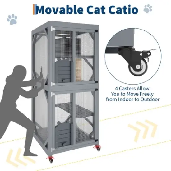 68 Inch Catio Outdoor Cat Enclosure On Wheels, with Waterproof Roof, Wooden Kitty House with Platforms, Upgraded Resting Box and Scratching Post image {5}