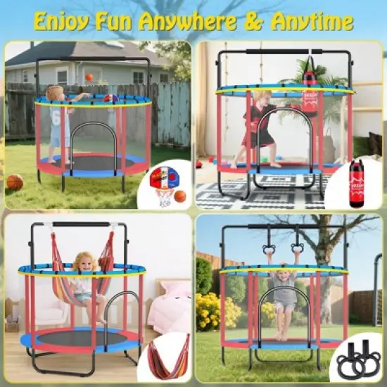 60'' Trampoline for Kids with Basketball Hoop & Safety Net, Swing, Rings, Gymnastic Bar, Indoor/Outdoor Toddler Trampoline, Birthday Gifts image {5}