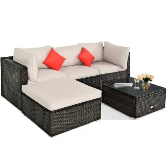 Tangkula 5-Piece Outdoor Patio Sectional Rattan Wicker Sofa Set w/ Cushion image {5}