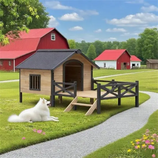 Garvee Outdoor Wooden Dog Kennel with Spacious Porch, Weatherproof Pet House with Ventilation Window & Raised Floor for Large Dogs image {2}