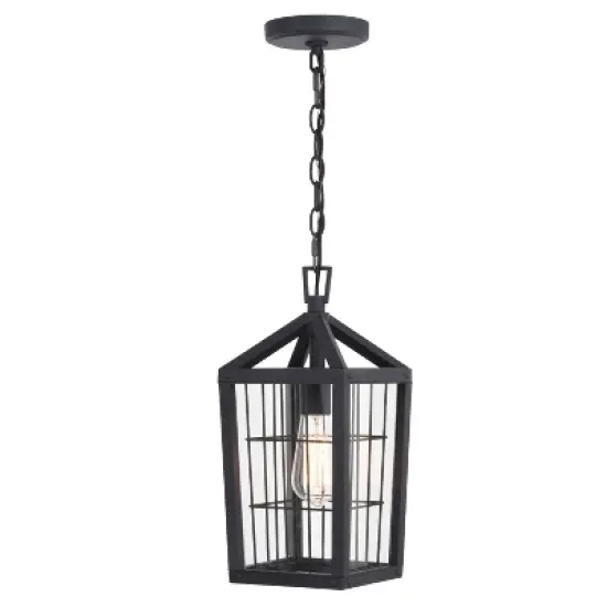 VAXCEL Gage 7-in Black Outdoor Farmhouse Wire Cage Pendant, 1-Light Hanging Ceiling Light with Clear Glass Panels image {11}