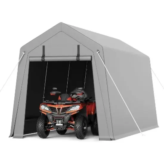 Heavy-Duty Outdoor Storage Shed, Waterproof & UV-Protected Motorcycle Shelter with Roll-Up Door, Ventilation, Grey Carport Tent for Bike, Tools image {8}