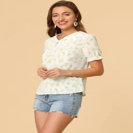 Allegra K Women's Floral Peter Pan Collar Lace Trim Ruffle Sleeve Blouses image {3}