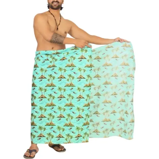 HAPPY BAY Men's Swimwear Cotton Linen Effect Summer Sarong Cover Up Swimsuit Wrap Sulu Pareo Beachwear for Men One Size Green, Tree image {4}